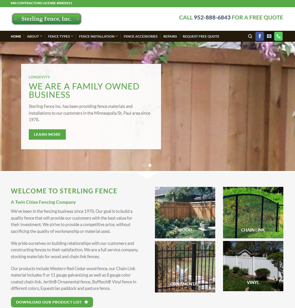 studio 544, web design, web designer, hutchinson, mn, sterling fence, eden prairie, minnesota, fence installation, fence repairs, vinyl, wood, ornamental, chain link, jerith, fencing accessories, pasture, paddock fences